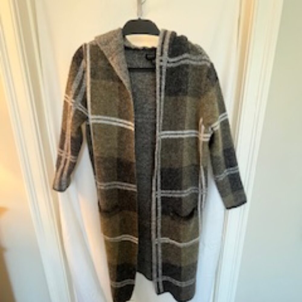 Joseph A. open-front plaid cardigan | green & cream | Women’s M | cozy